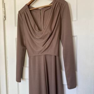 Vintage 1970s Style Brown Poly Maxi Dress Long Sleeve Button Back Tie Waist